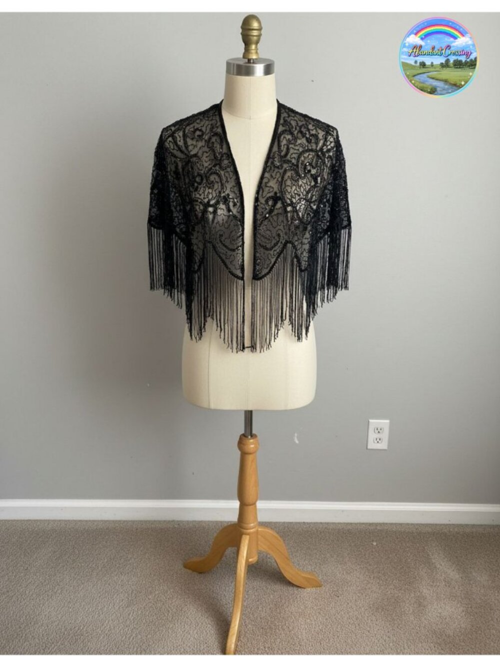 Beaded Sequin Chiffon Shawl Wrap Evening Cape Tassel Fringe Gatsby Party Cover